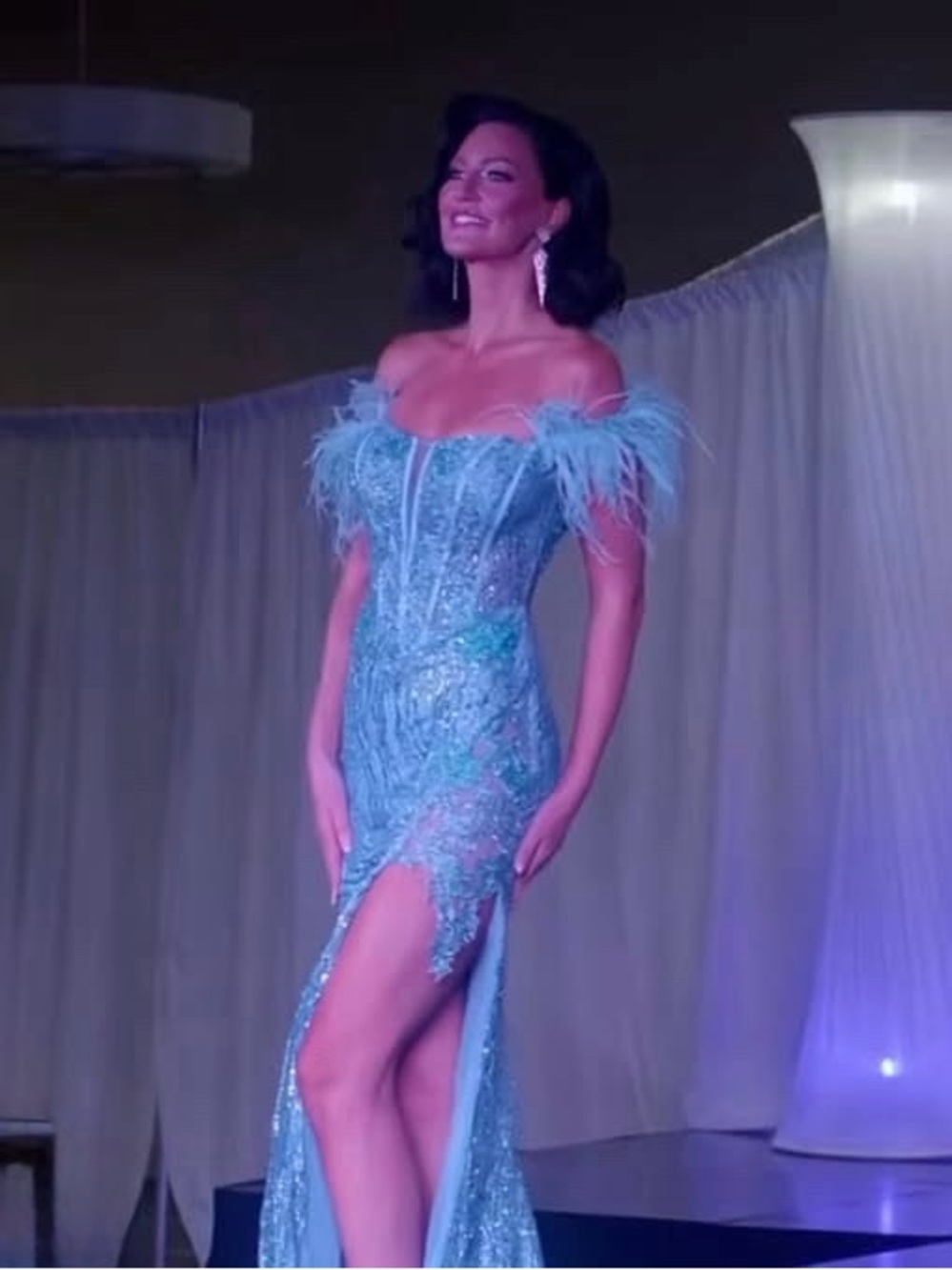 Winning Portia and Scarlett Light Blue Feather Off-Shoulder Lace and Sequin Gown